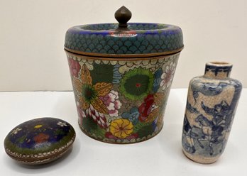 Antique Chinese Cloisonne Enamel Tea Canister, Small Trinket Box & Miniature Bottle