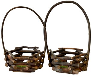 Pair Of Rustic Style Vintage Folk Art, Twig / Branch Basket With Handles.