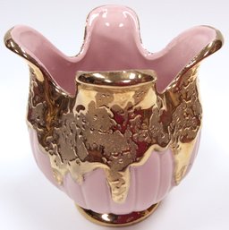 PINK WEEPING GOLD VASE: Hollywood Regency, 4.75' Tall, Flared Top, Vintage Pottery, Ribbed