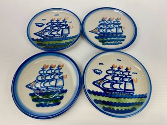 M. A. Hadley Pottery Bread Plates, Schooner Ship, Signed (4)