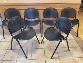 Set Of 6 Vintage Italian Lamm Modulamm Stacking Chairs With Perforated Steel Mesh Seats