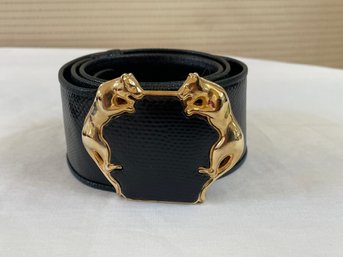 Judith Leiber Black Leather Gold Large Panthers Buckle Belt 37'