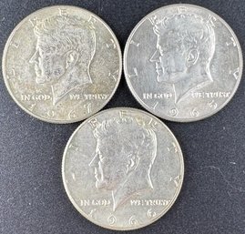 3 Kennedy Forty Percent Silver Half Dollars 1965, 1966, 1967