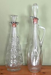 Two Vintage Floral Embossed & Dimpled Clear Glass Decanters With Glass & Cork Stoppers