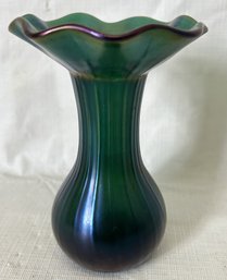 Antique Circa 1905-1910 LOETZ IRIDESCENT VASE- Ruffled Ri With Ribbed Body- Great Color