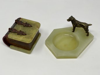 Vintage Onyx Catchall With Bronze Dog Figurine And An Onyx Brass & Wood Book Form Jewelry Treasure Box