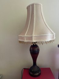 Lovely Dark Mahogany Table Lamp With Embellished Bell Shade