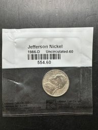 1986-D Uncirculated Jefferson Nickel In Littleton Package