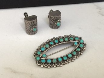 Sterling Silver Turquoise Clip On Earrings And Broach