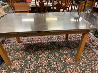 Great Stainless Steel Top Table With Wood Legs And Two