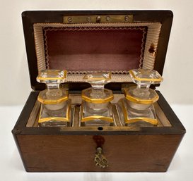 Vintage French Napoleon III Perfume Set With 3 Crystal Bottles In Inlaid Wood Box With Mother Of Pearl
