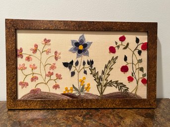 Handcrafted Embroidered Flower Picture In Wood Frame