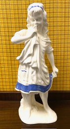 Vintage Ceramic Off-white & Blue 19' Statue/figurine Of Little Girl