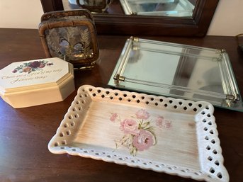 Laura Ashley Ceramic Tray, Mirrored Vanity Tray, Trinket Box, And Resin Napkin Holder