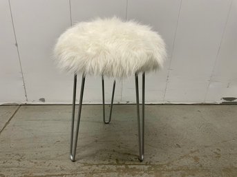 White Fuzzy Faux Fur Vanity Stool With Hairpin Style Legs