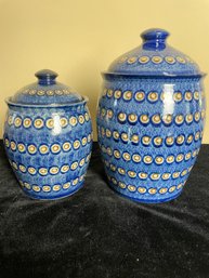 Set Of 2 Polish Blue Painted Pottery Canisters