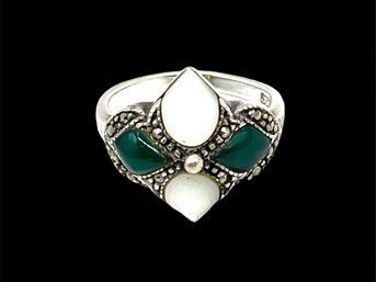 Vintage Sterling Silver Green And White Agate Stone Ring, Size 7