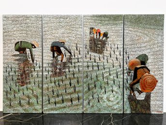 A Set Of 4 Original Painted Lacquer Panels - Depicting Rice Harvesting, Artist Thu Huong