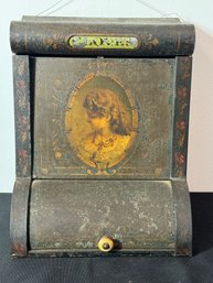 AN ANTIQUE TOLEWARE HANGING SPICE CHEST W/ PORTRAIT OF A GIRL