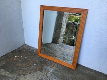 VINTAGE STUNNING SADDLE LEATHER COLORED RIBBED WOODEN FRAMED BEVELED GLASS MIRROR