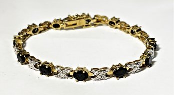 Vintage Gold Over Sterling Silver Dark Blue Stone And White Stone Bracelet 7' Long
