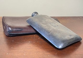 A Large, Antique Sterling Silver Flask In Leather Case