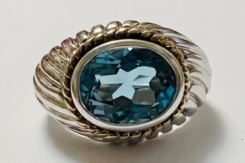 VINTAGE STERLING SILVER BLUE TOPAZ RING GOLD ROPE AROUND STONE