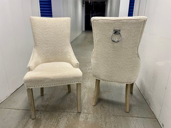 Pair Of Cream Colored Accent Chairs With Nailhead Trim & Decorative Ring On Back