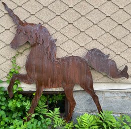 Fantasy - Large Metal Flat Garden Yard Ornament - Prancing Unicorn - 58 Across X 59 Inches H Plus Stakes