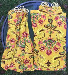 1960s Yellow Cornucopia Floral Designer Fabric Curtains - Set Of 2