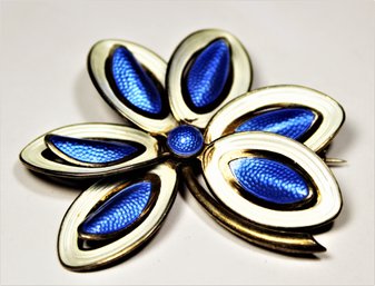 Scandinavian MCM Sterling Silver Blue White Enamel Floral Brooch Signed