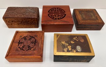 5 Vintage Wood Boxes, Some Hand Carved & Painted