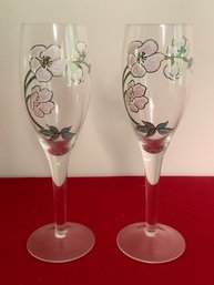 PAIR OF HANDPAINTED FLORAL CHAMPAGNE GLASSES