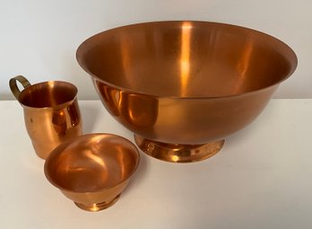 Vintage CG Coppercraft Guild Solid Copper Footed Bowl, Creamer & Open Sugar