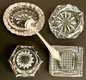 Vintage Lot Assorted Glass Salts - Sterling Silver Salt Spoon - Square Oval Hexagon