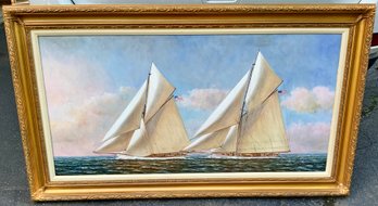 Beautifully Framed Schooners Painting ~ Signed D. Tayler ~ Oil On Canvas