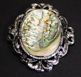 Large Silver Tone Abalone Shell Fancy Brooch