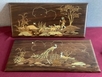 Pair Of Inlaid Wood Art