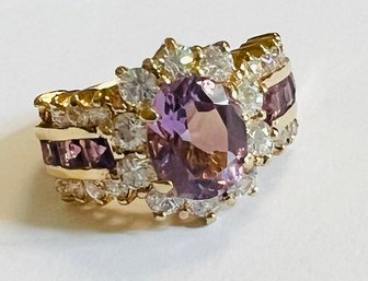 GORGEOUS GOLD OVER STERLING SILVER LAVENDAR AMETHYST AND WHITE STONE RING