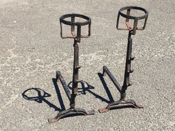 Large VERY Early Hand Made Wrought Iron Andirons - Fantastic Wear / Rust / Patina - Probably 1800-1840 - WOW !