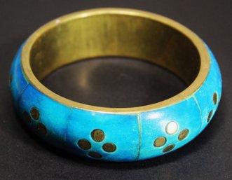 Vintage Brass And Turquoise Colored Bone Inlay Bangle Bracelet From India