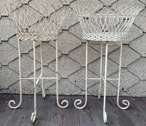 Pair Iron Plant Stands - White Open Weave Basket - 25.5 H X 16 Diameter Inches - Holds 8 Inches Pot