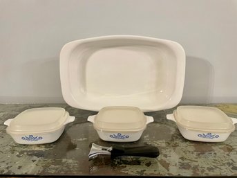 Corning Ware Cornflower Roaster & Three Petite Pans