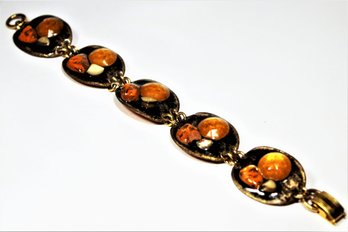 Vintage MCM Fused Glass And Enamel Signed Linked Bracelet 7' Long