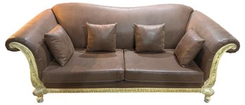 Schlesinger Two Cushion Leather Upholstered Sofa With Set Of Four Matching Throw Pillows