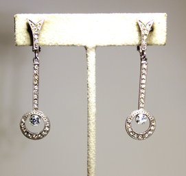 Pair Art Deco Vintage White Rhinestone Clip Drop Earrings