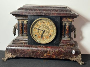 A VICTORIAN FAUX FINISH MANTLE CLOCK