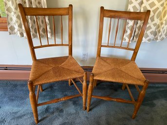 Pair Of Wood Rattan Seat Side Chairs