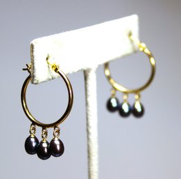 14K Yellow Gold And Genuine Pearl Pierced Hoop Earrings