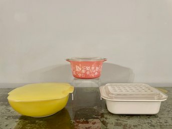 Vintage PYREX Pink Gooseberry, Yellow Square Covered Dish &  Corning Ware Baker